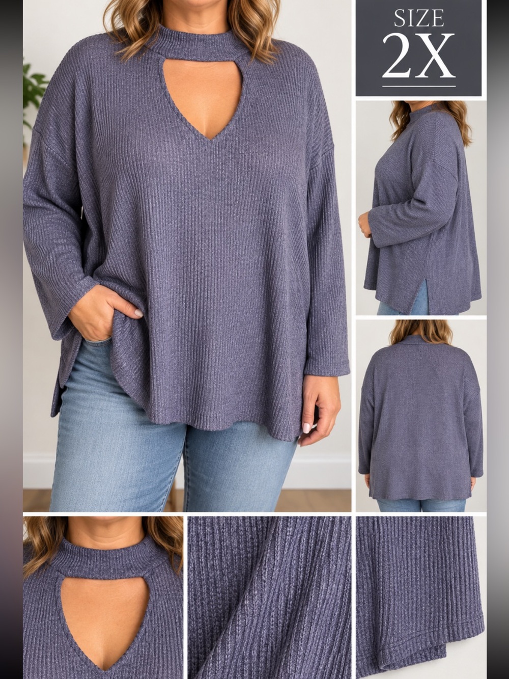 Terra & Sky Ribbed Crewneck Sweater with Front Cutout in Blue
